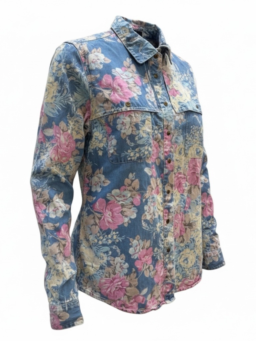Guess Floral Denim Button-Down Shirt - Blue / Pink